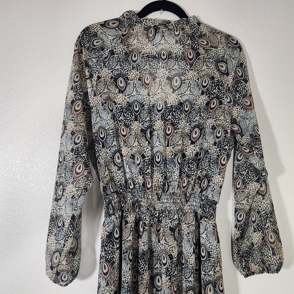 Veronica M Catia Peacock Feather Print Chiffon Smocked Dress L - Picture 13 of 17